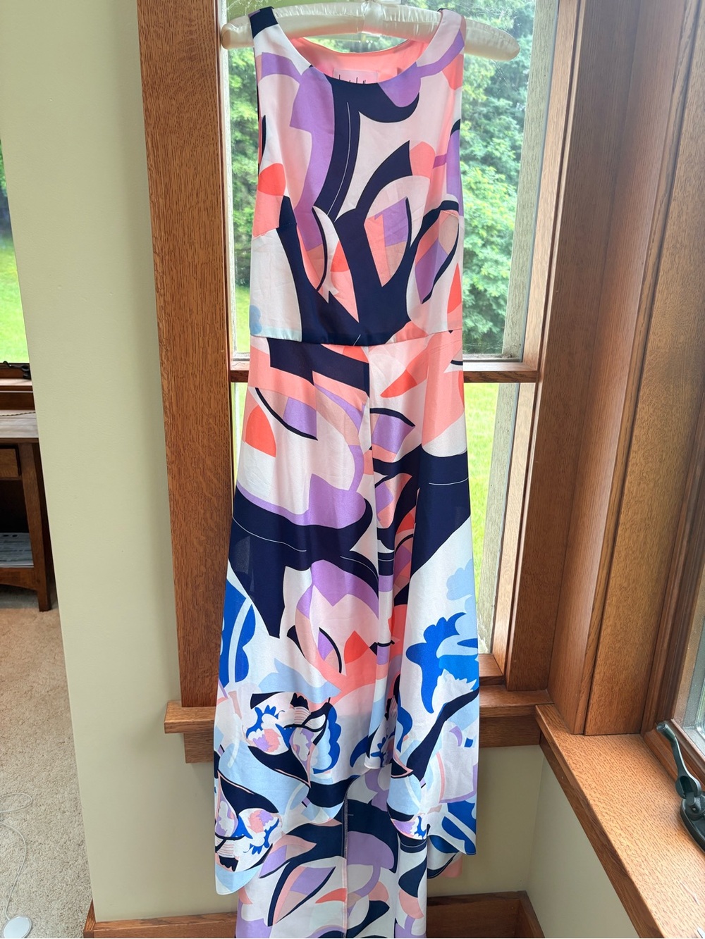 NWT Nicole Miller Bold Abstract Print Maxi Dress in Navy, Coral & Lavender 8